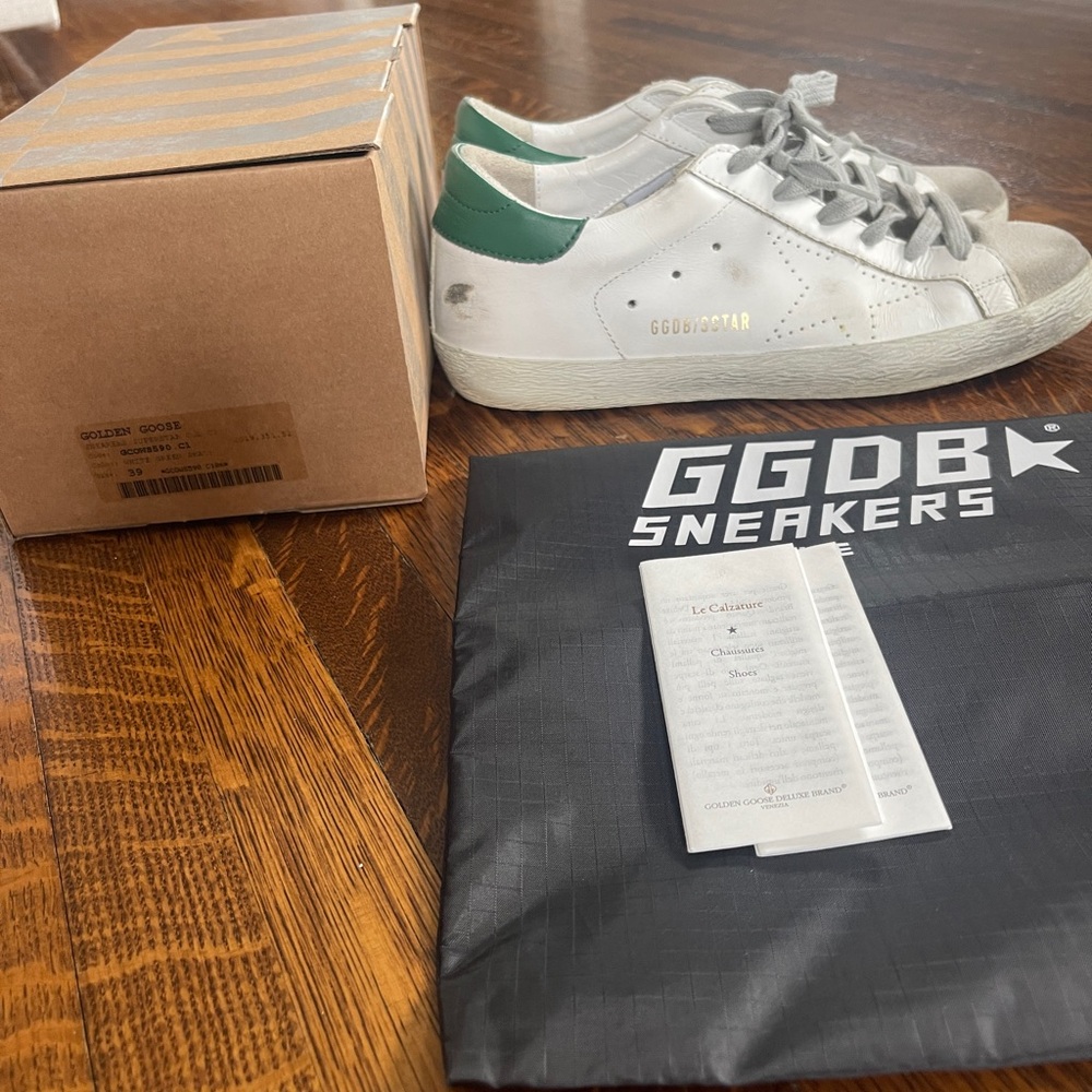 Golden Goose Superstar White and Green Sneakers